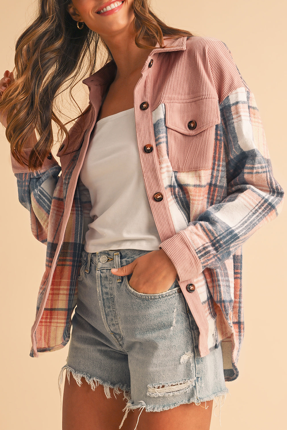 Plaid Corduroy Patchwork Pocket Loose Shacket