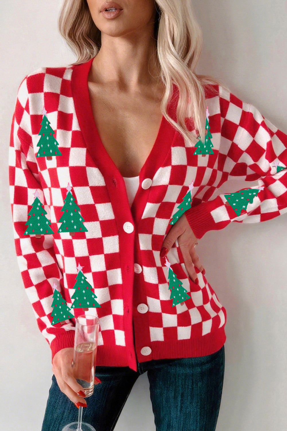 Checkered Christmas Tree Knit Cardigan