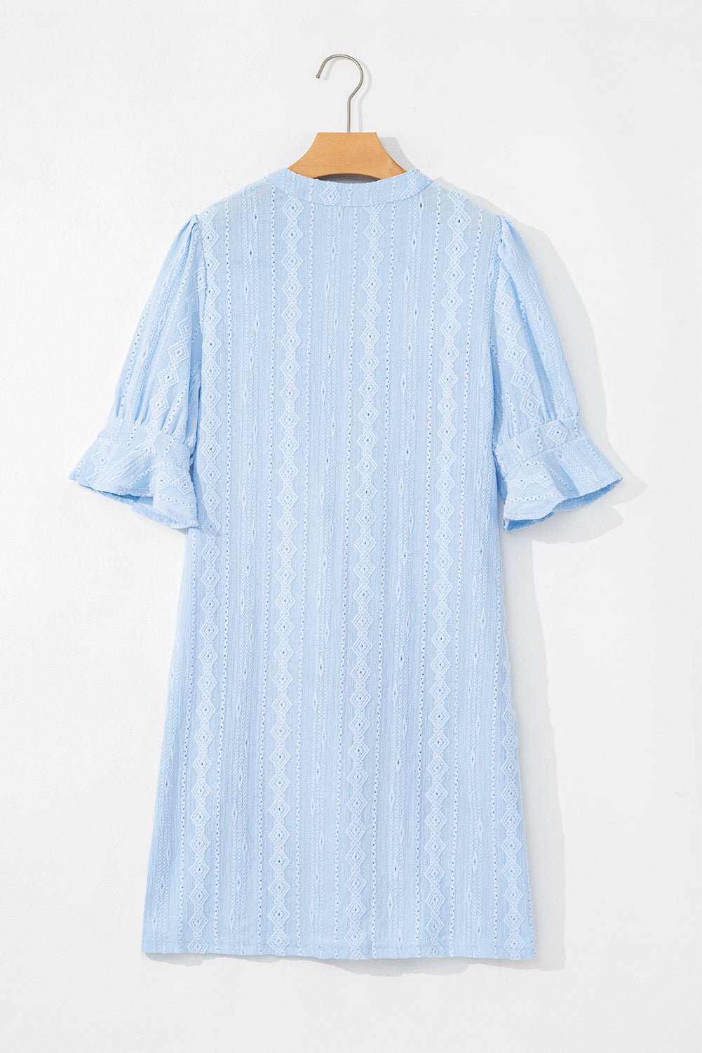 Beau Blue Split V-Neck Jacquard Eyelet Mini Dress