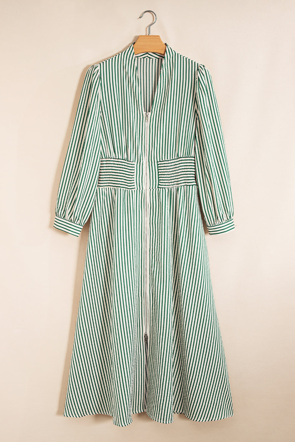 Green Striped Cinched High Waist Midi Dress