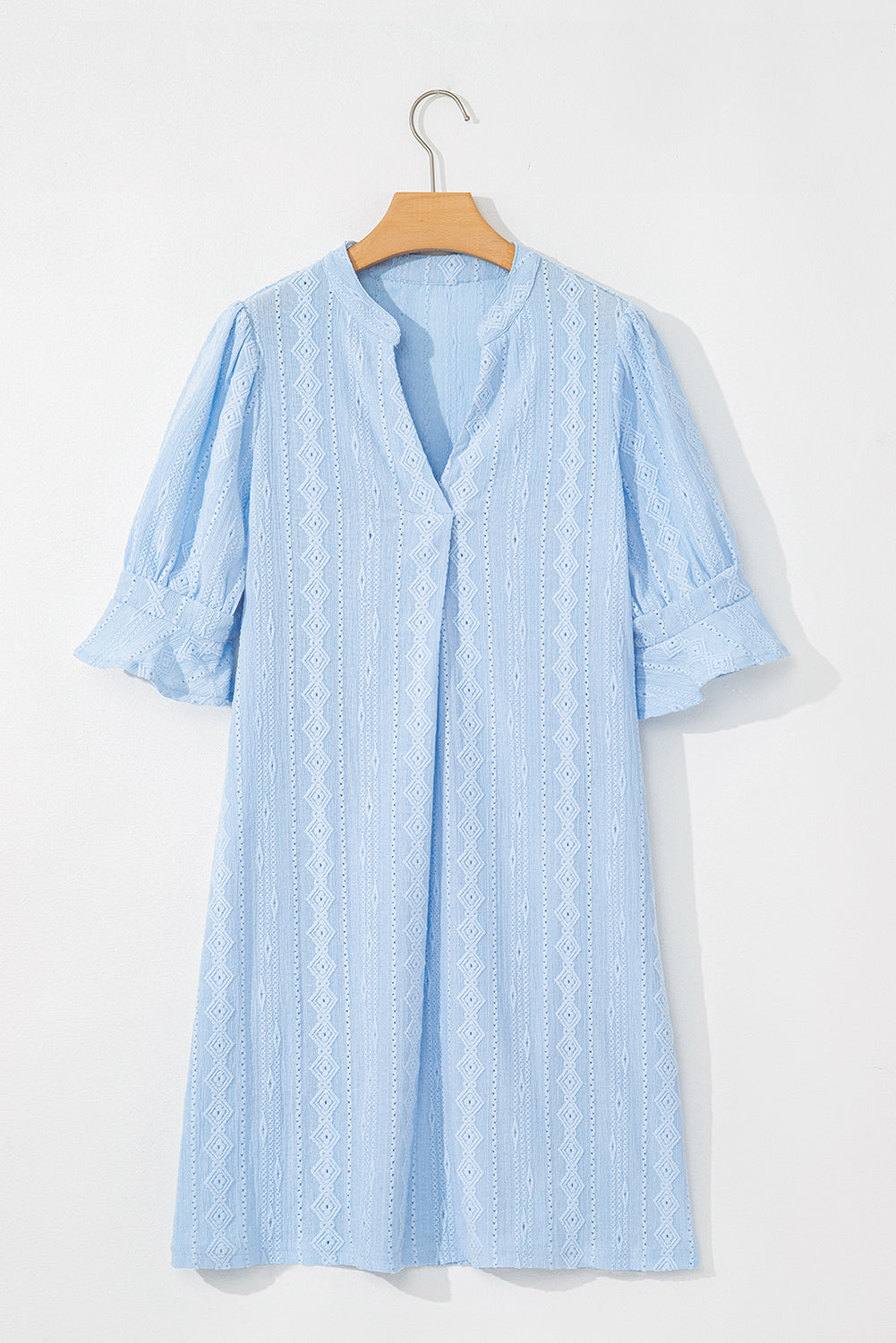 Beau Blue Split V-Neck Jacquard Eyelet Mini Dress