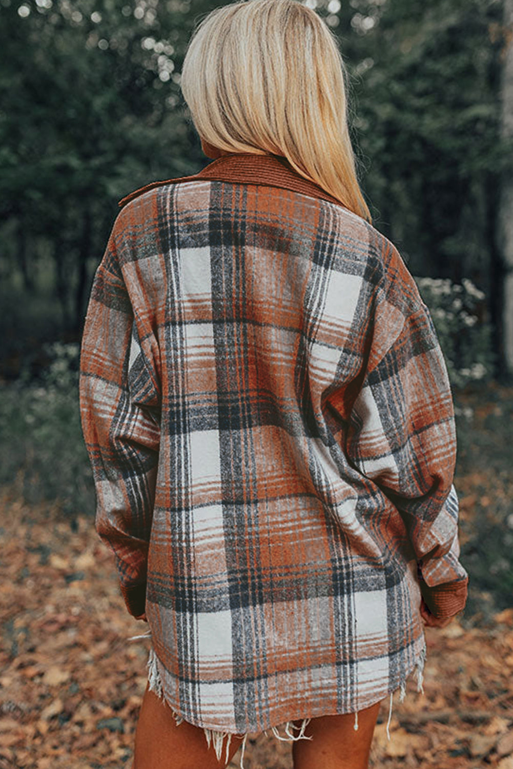 Plaid Corduroy Patchwork Pocket Loose Shacket