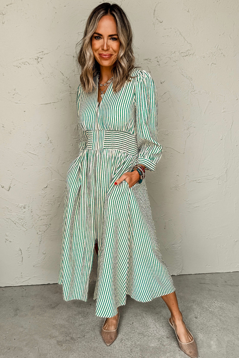 Green Striped Cinched High Waist Midi Dress