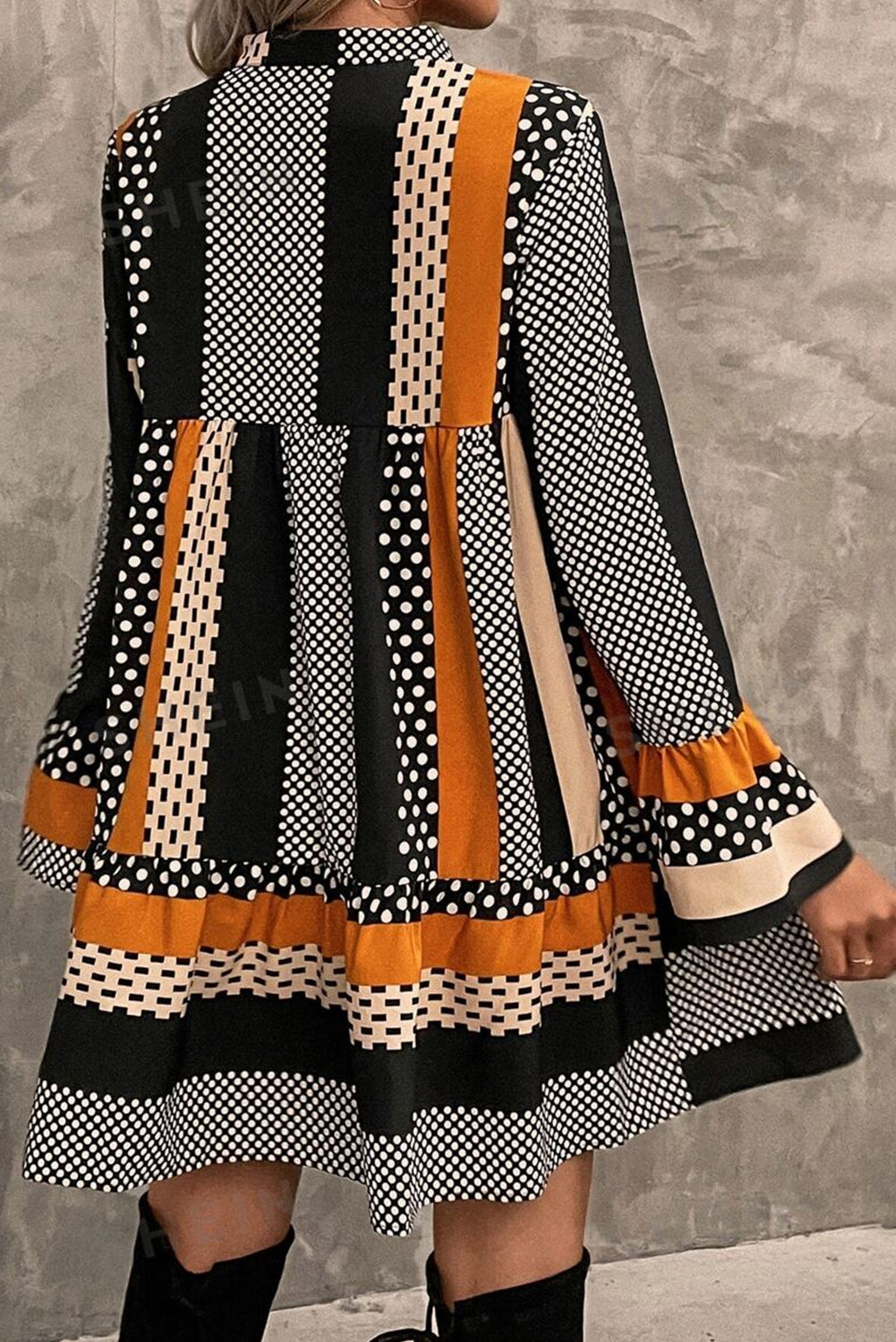 Black Striped Polka Dot Loose Mini Dress
