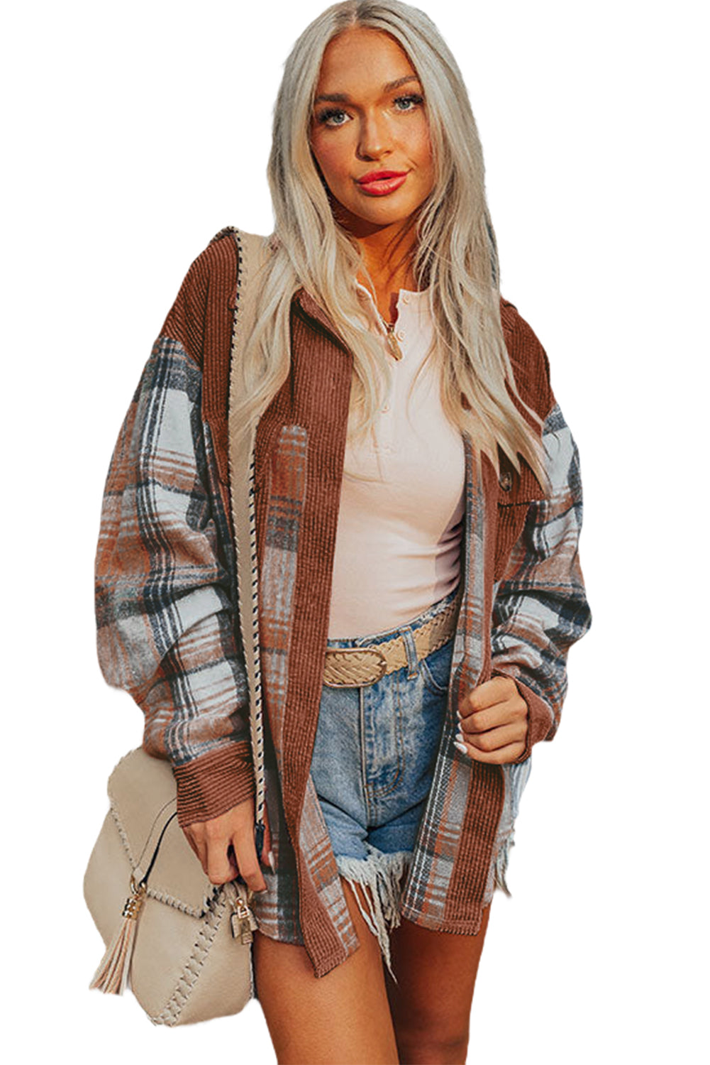 Plaid Corduroy Patchwork Pocket Loose Shacket