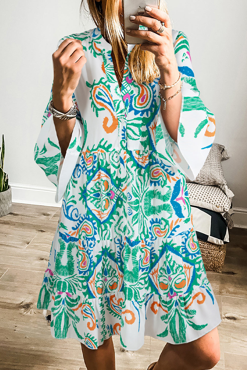 Orange Boho Paisley Print Bracelet Sleeve Mini Dress