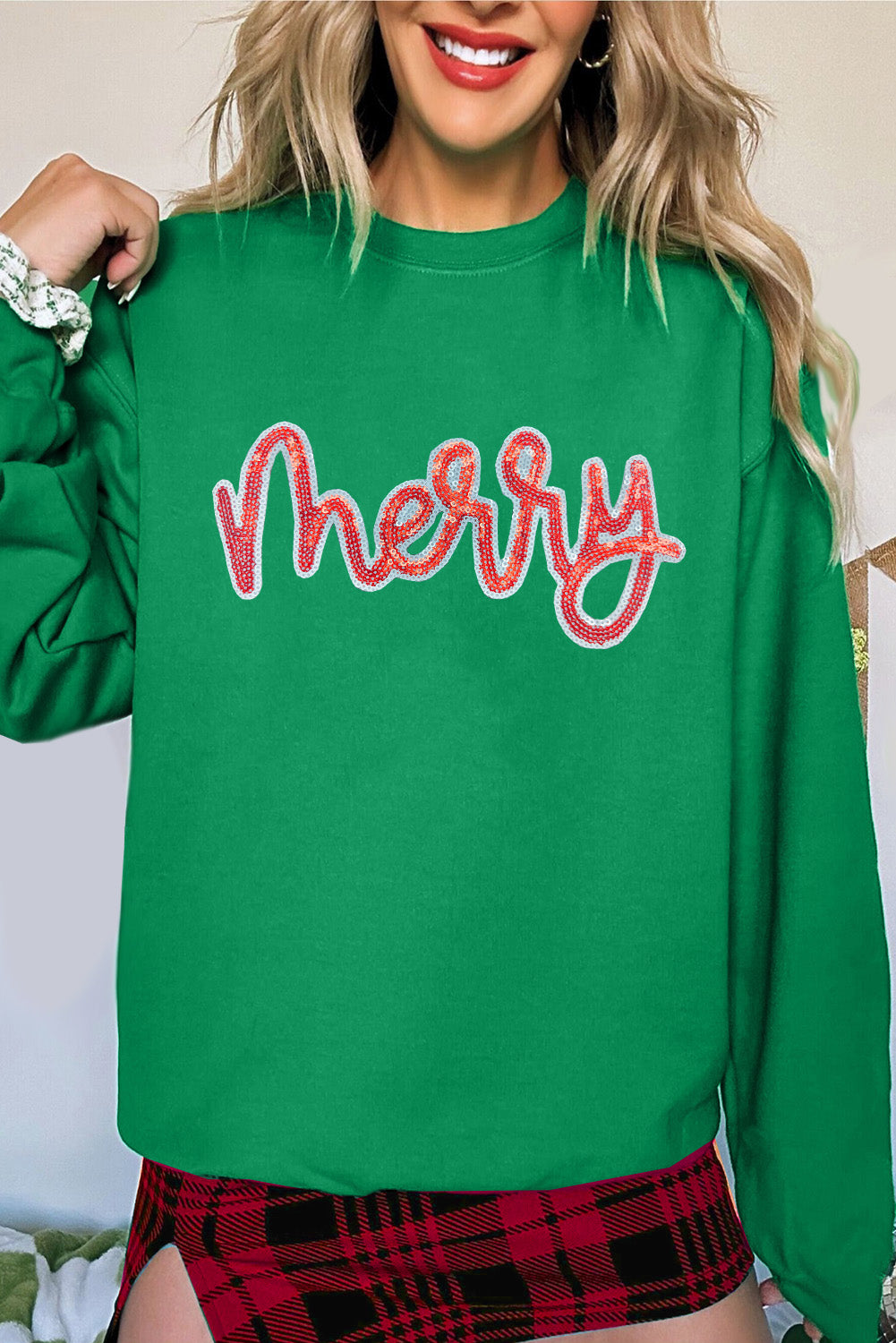 Dark Green Sequin MERRY Sweatshirt
