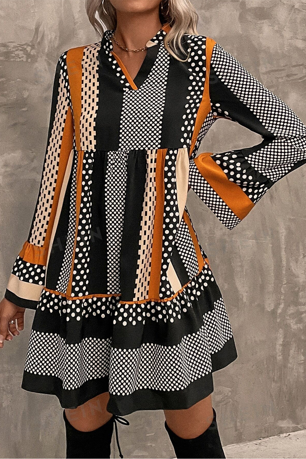 Black Striped Polka Dot Loose Mini Dress