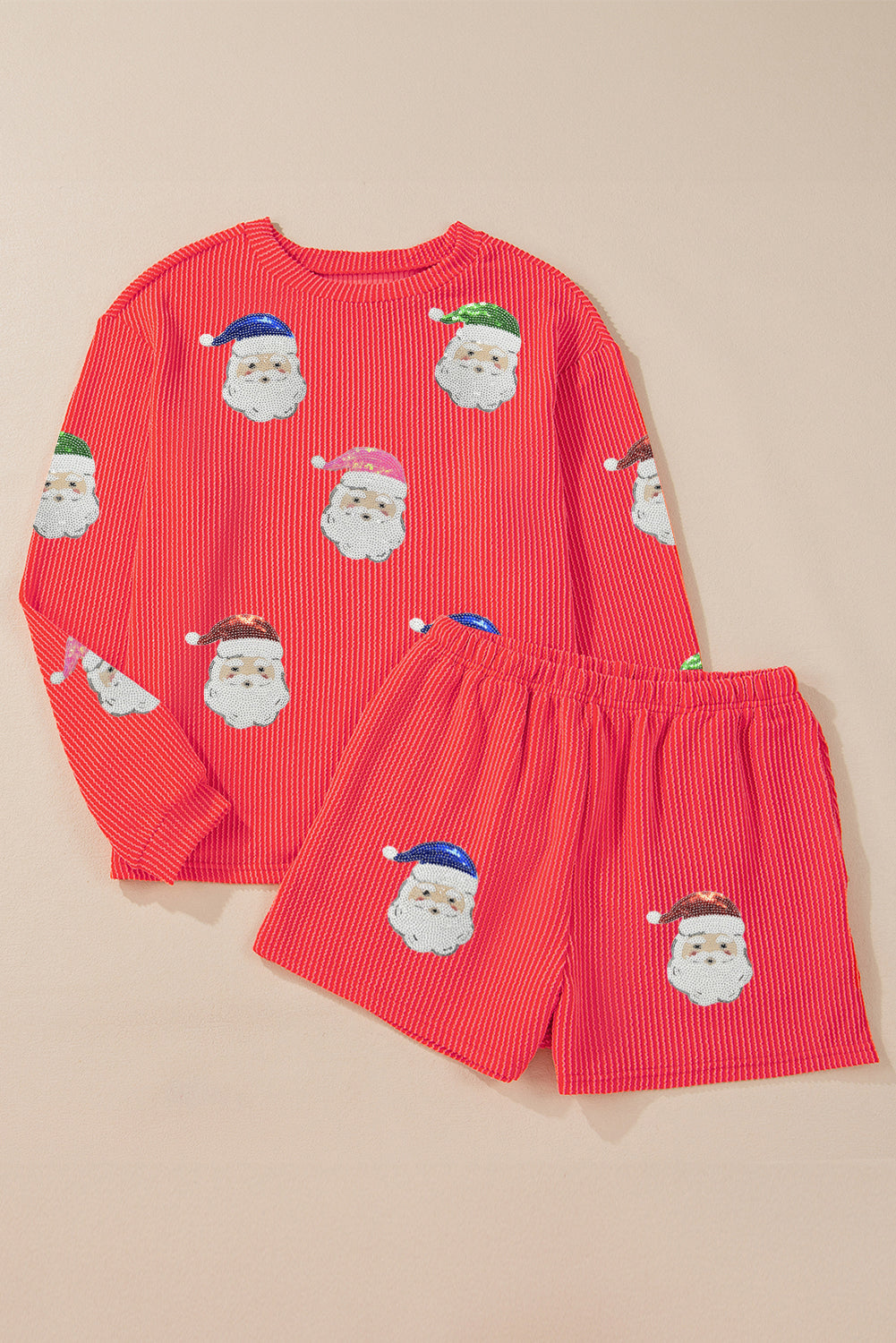 Twisted Ribbed Father Christmas Sequins Shorts Set