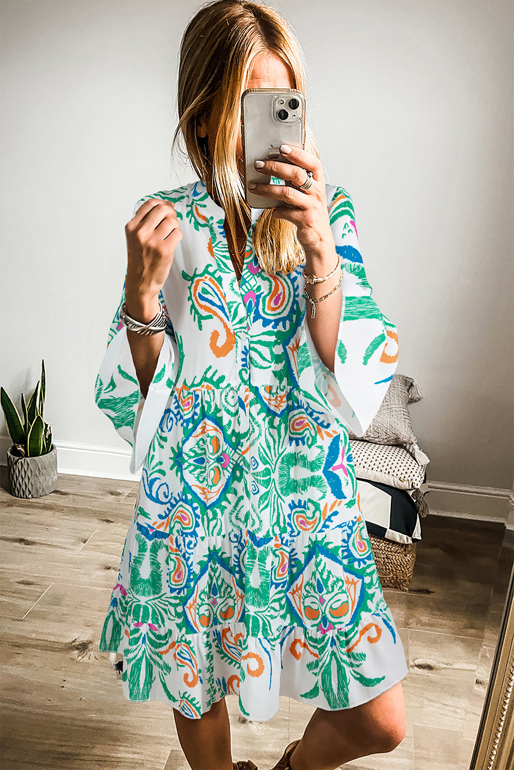 Orange Boho Paisley Print Bracelet Sleeve Mini Dress
