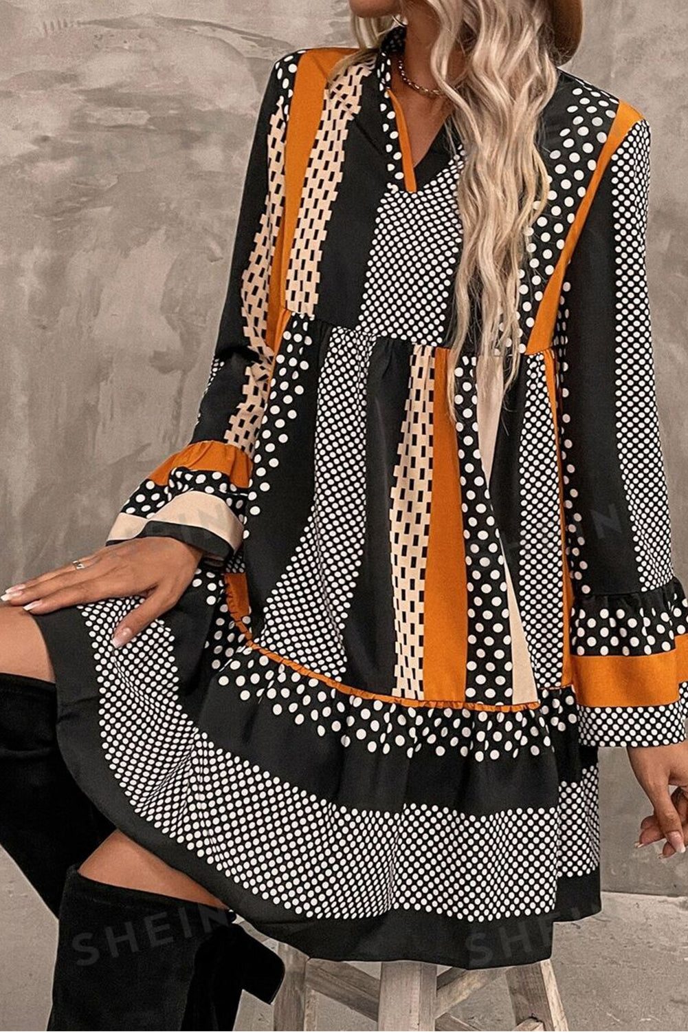 Black Striped Polka Dot Loose Mini Dress