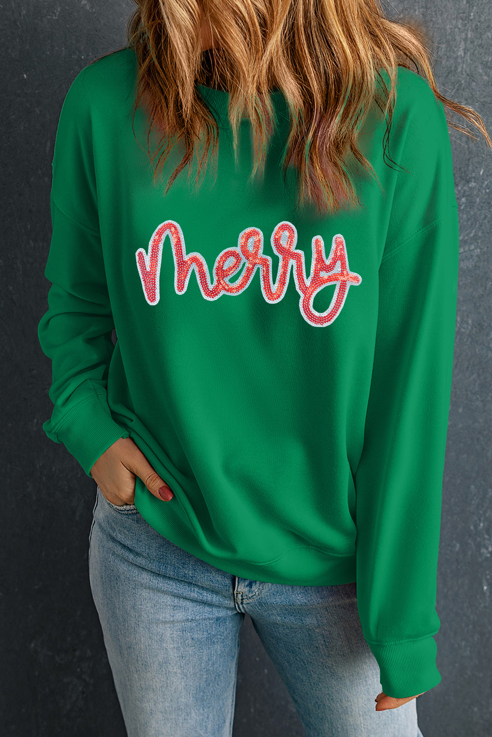 Dark Green Sequin MERRY Sweatshirt