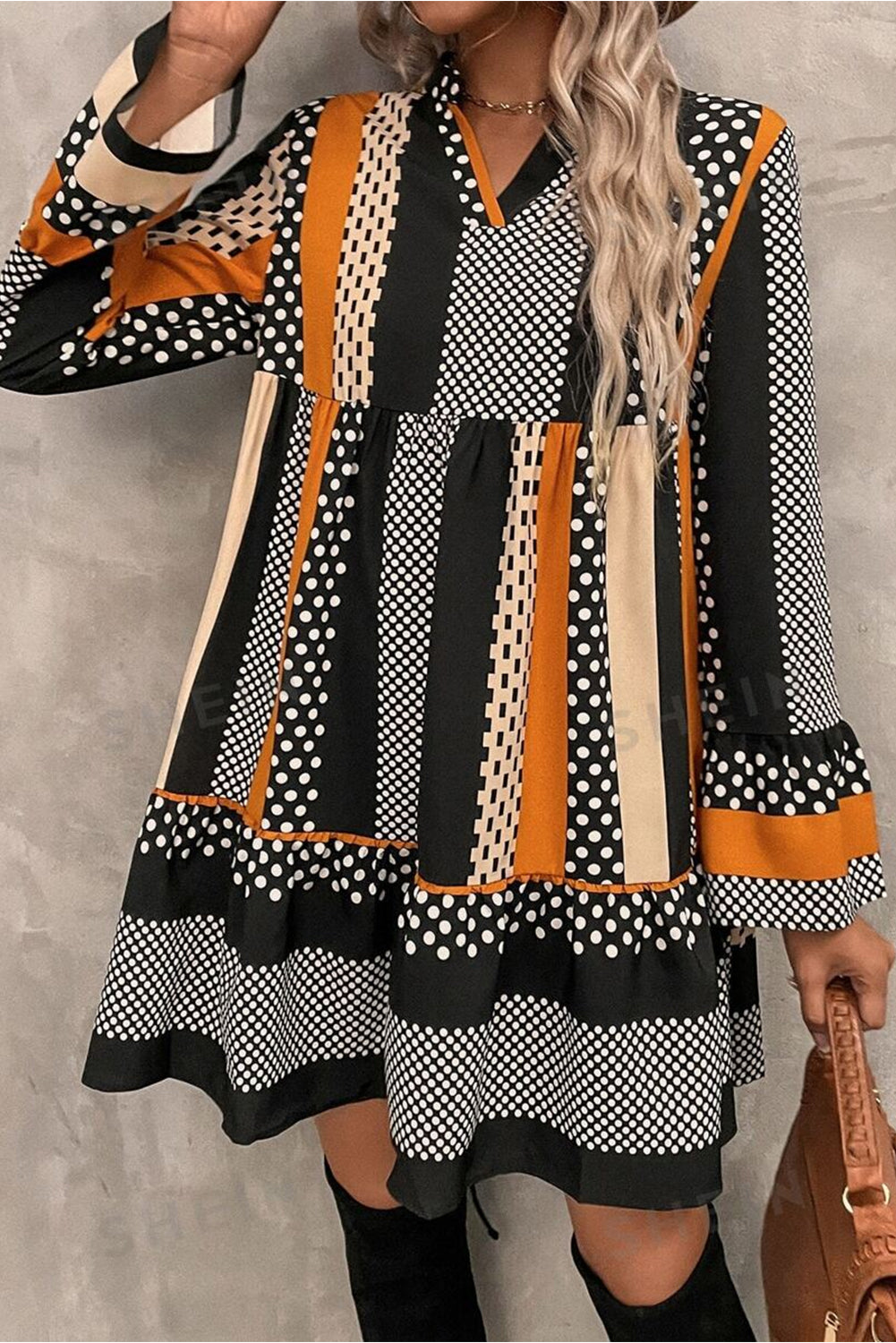 Black Striped Polka Dot Loose Mini Dress