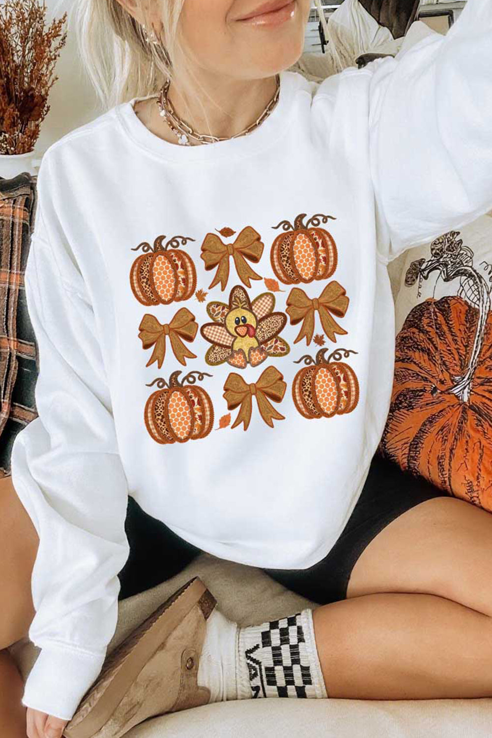 Turkey Fall Pumpkin Bow Sweatshirt