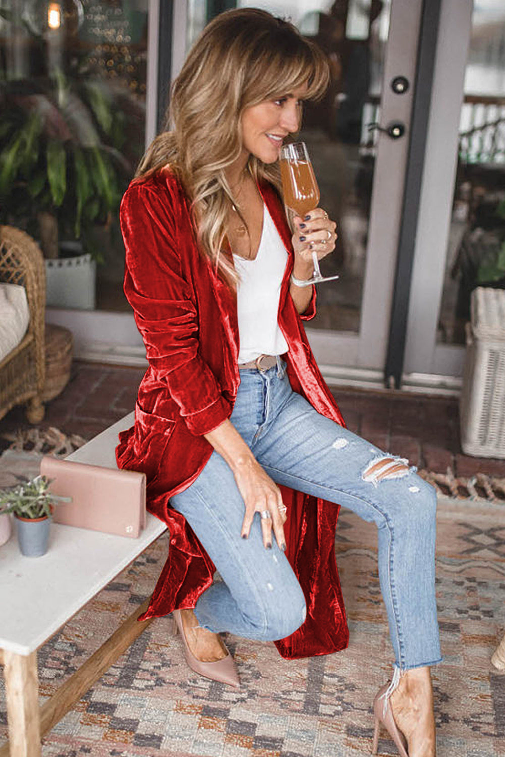 Velvet Elegant Pocket Open Front Long Cardigan