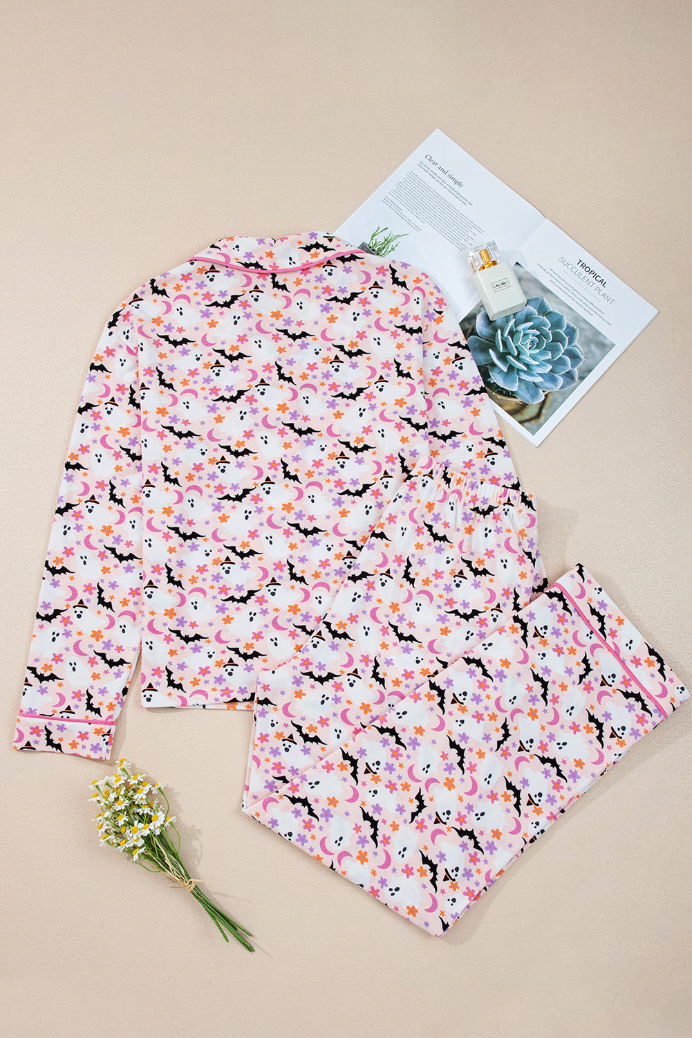 Pink Floral Halloween Ghost Long Pajama Set