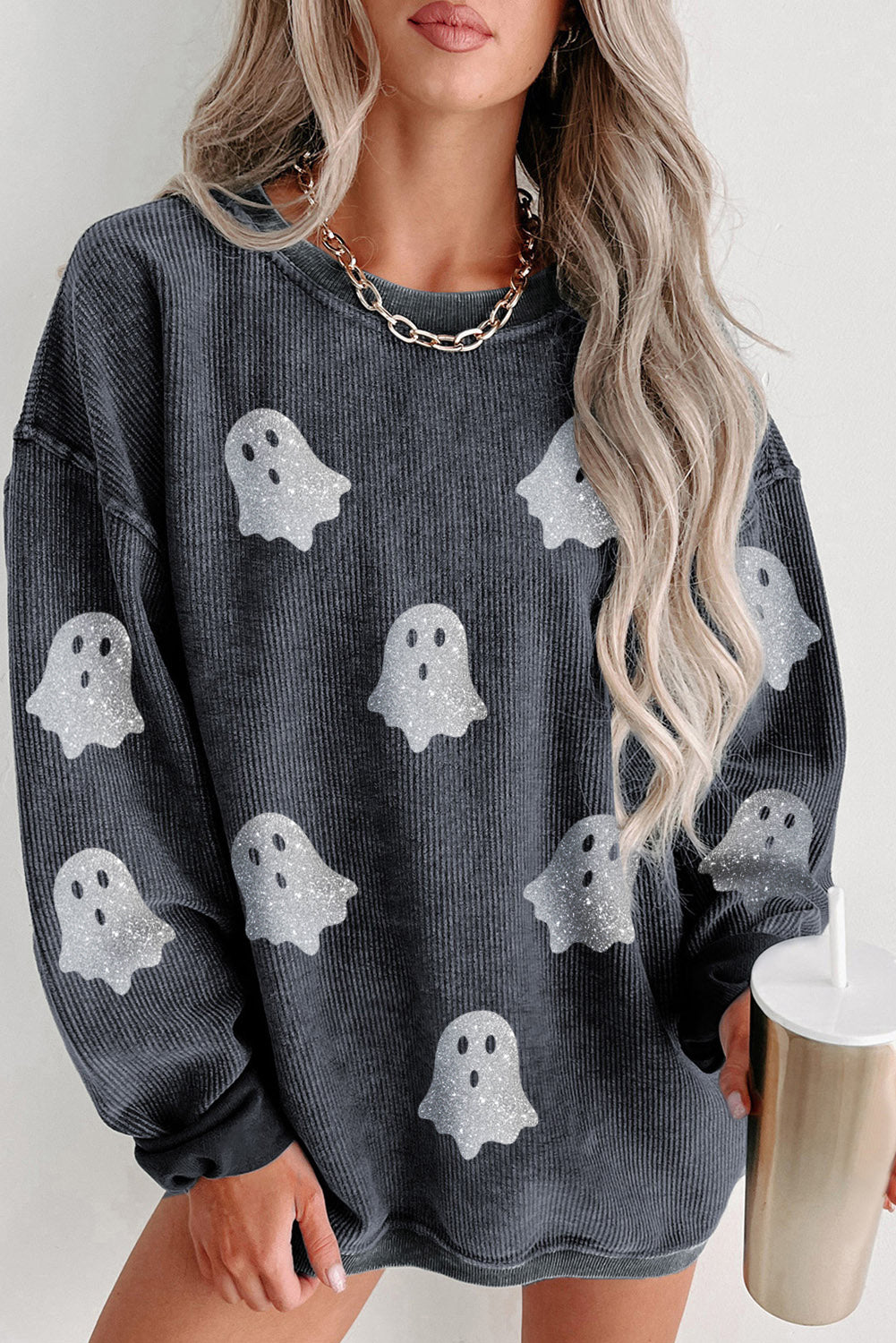 Glitter Halloween Ghost Corded Sweatshirt