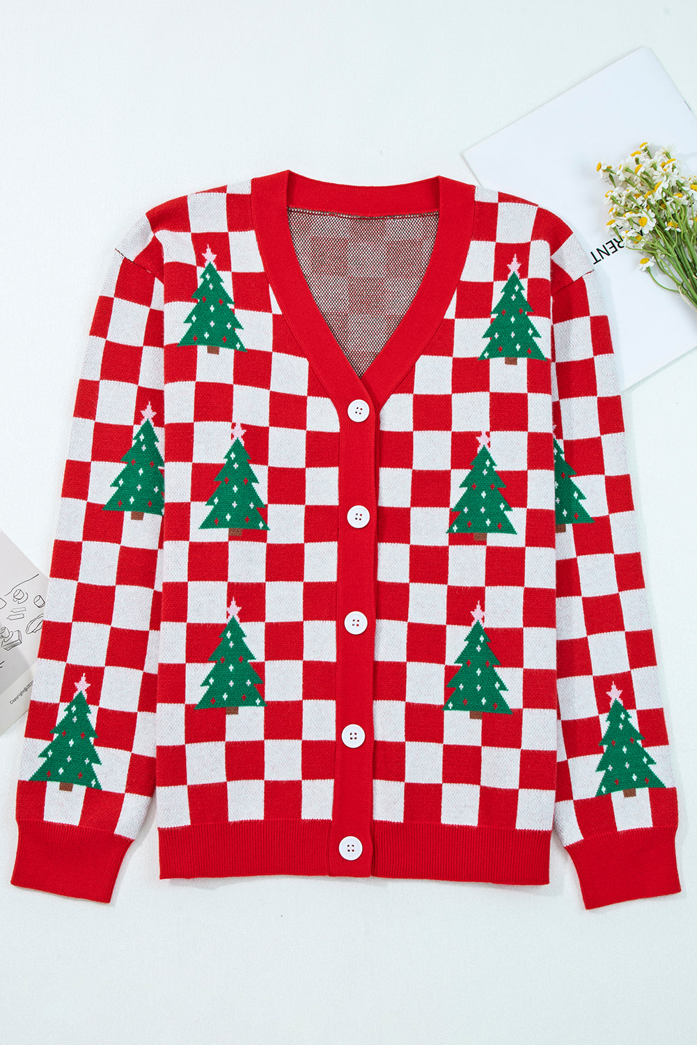 Checkered Christmas Tree Knit Cardigan