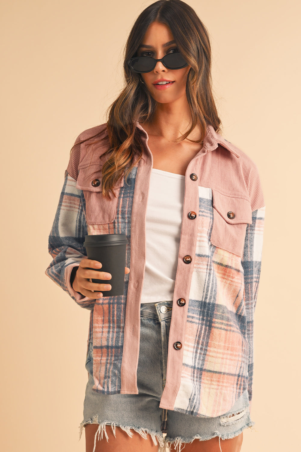 Plaid Corduroy Patchwork Pocket Loose Shacket