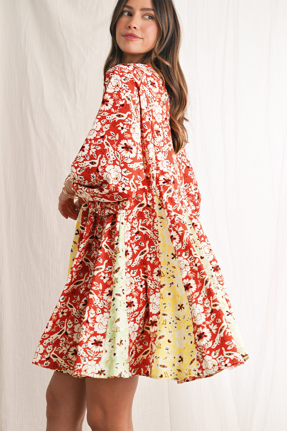 Floral Patchwork Long Sleeve Pleated Dress