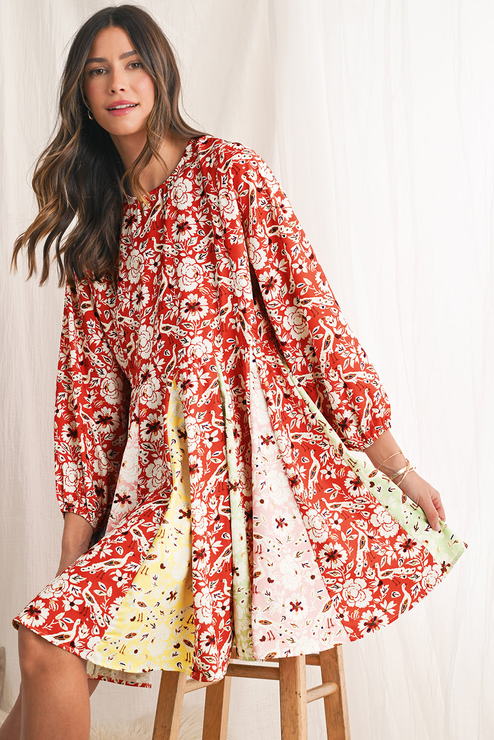 Floral Patchwork Long Sleeve Pleated Dress