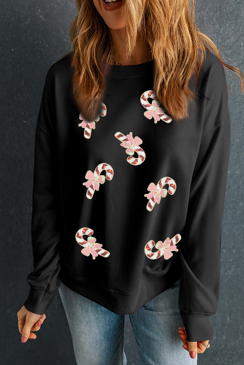 Black Christmas Candy Cane Sequins Sweatshirt