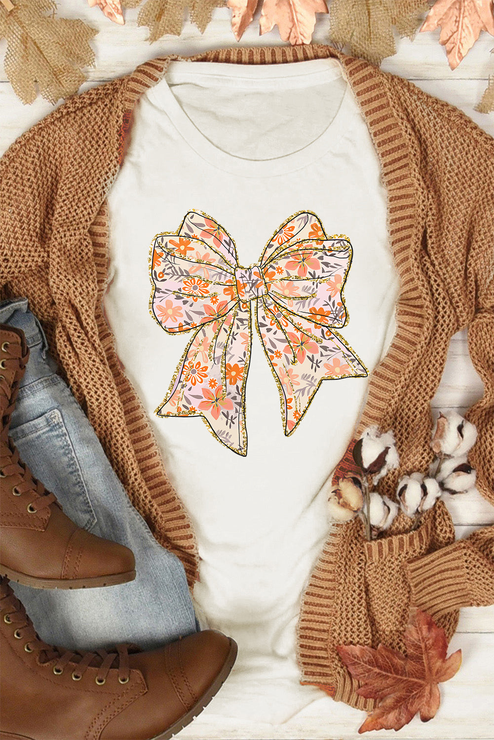 Glitter Trim Floral Bow T Shirt