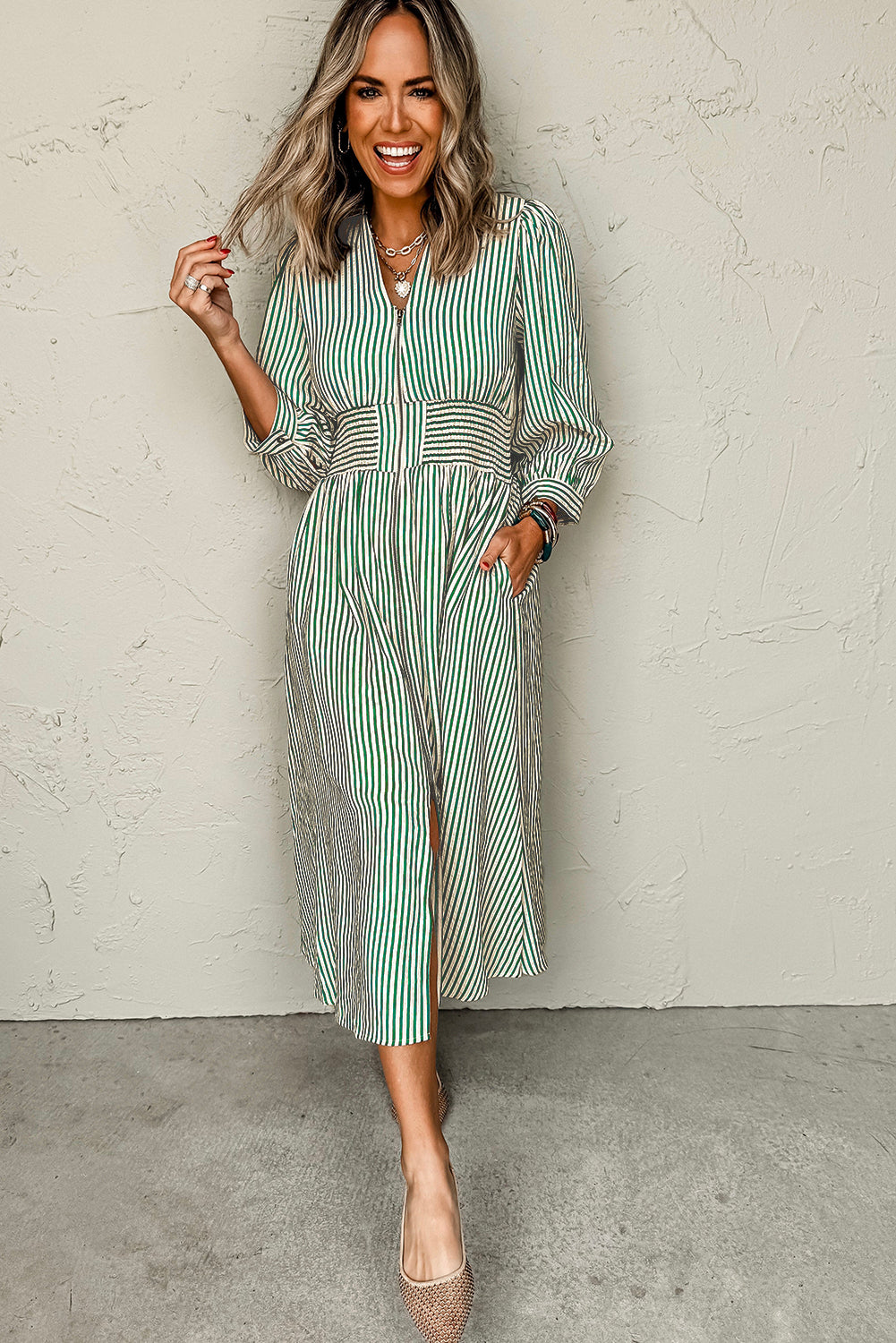 Green Striped Cinched High Waist Midi Dress