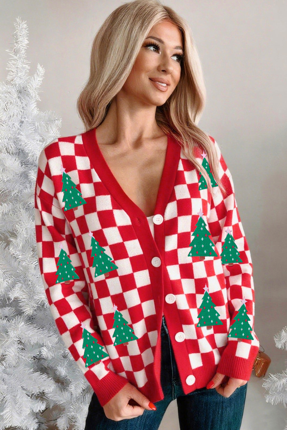 Checkered Christmas Tree Knit Cardigan