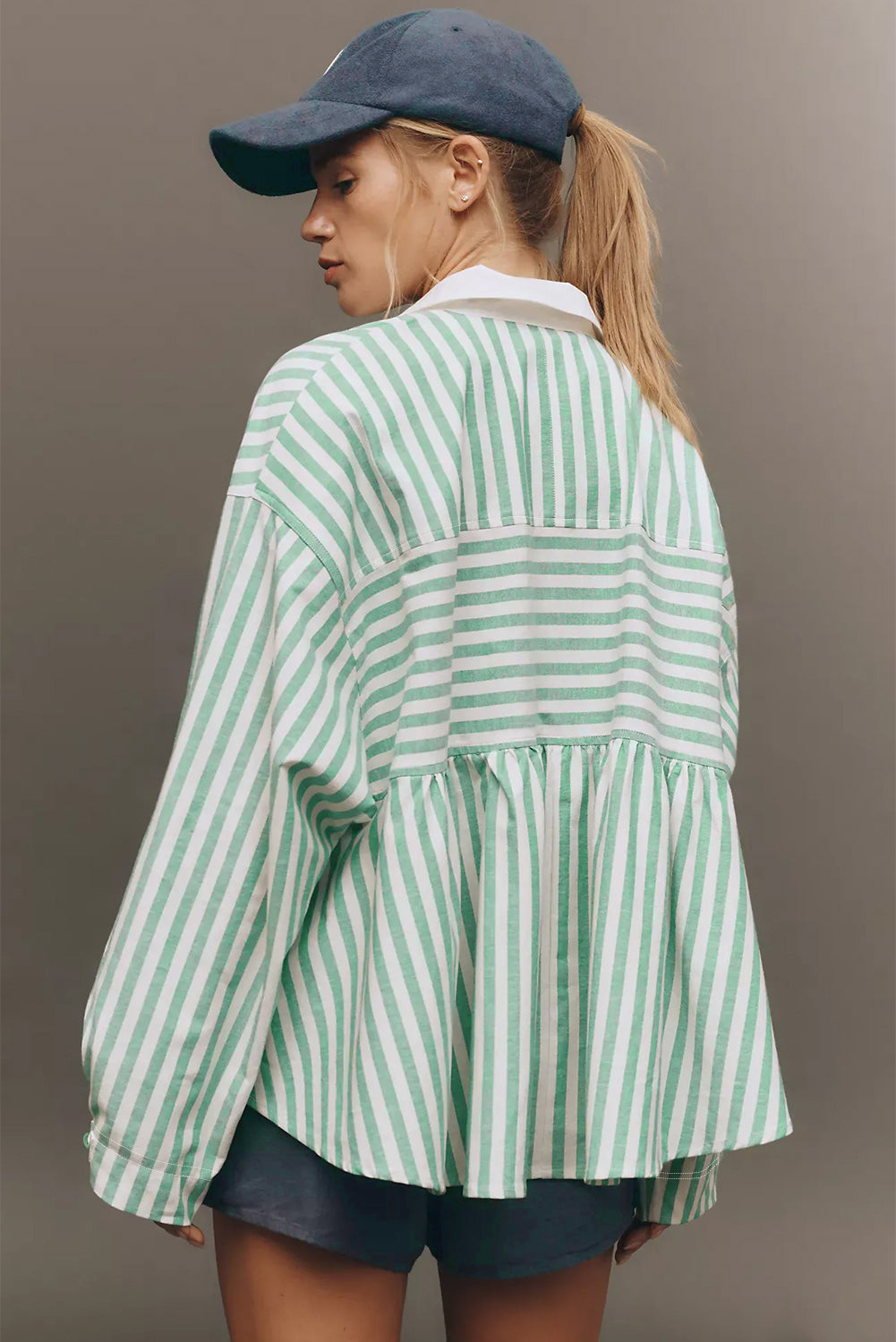 Green Striped Zipper Collar Top