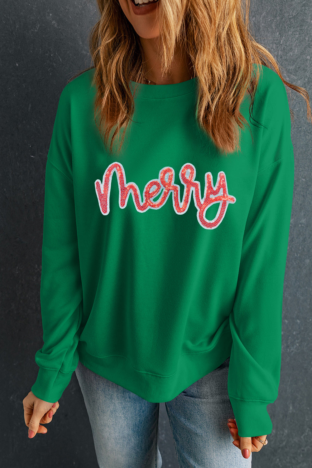 Dark Green Sequin MERRY Sweatshirt