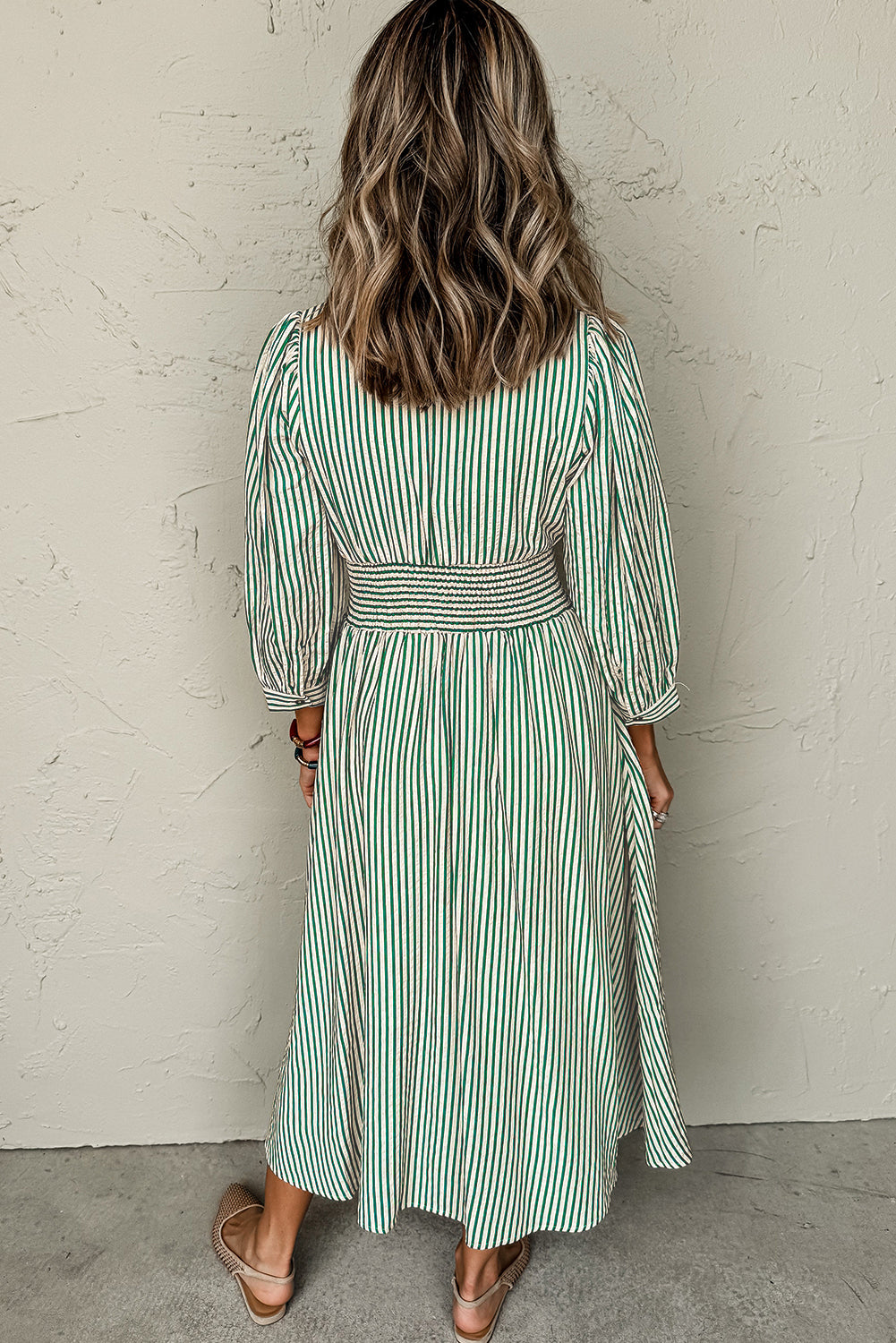 Green Striped Cinched High Waist Midi Dress