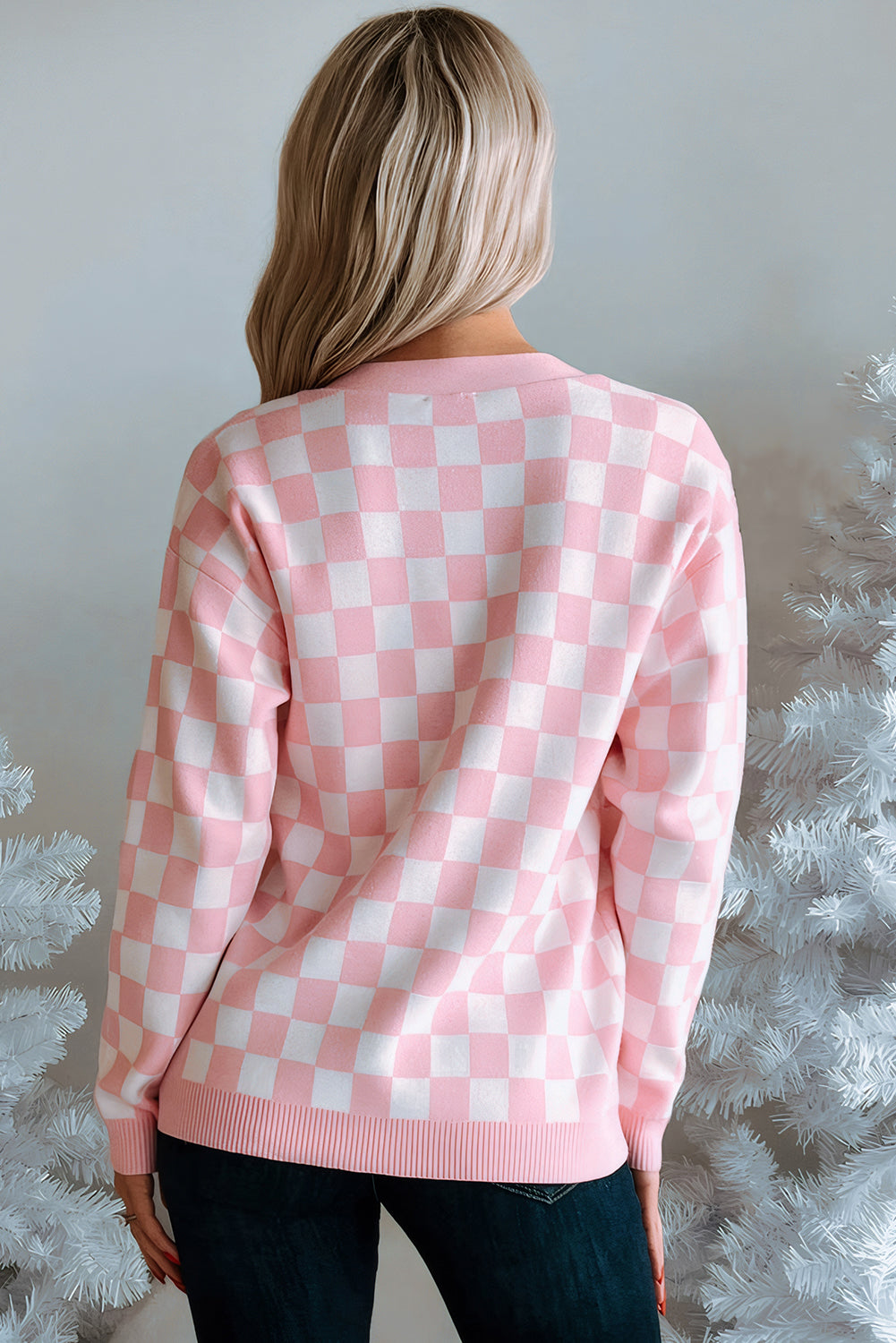Checkered Christmas Tree Knit Cardigan