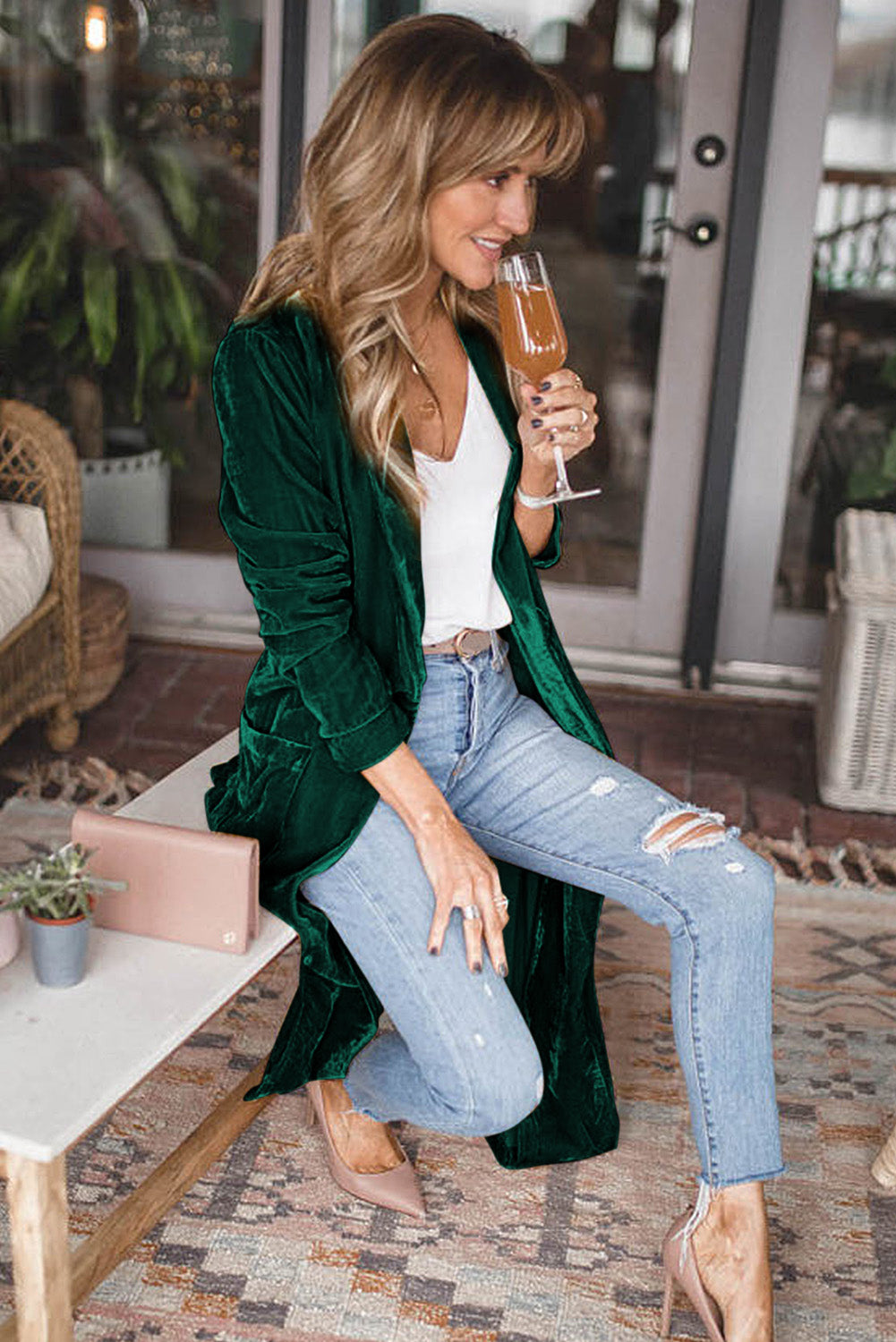 Velvet Elegant Pocket Open Front Long Cardigan
