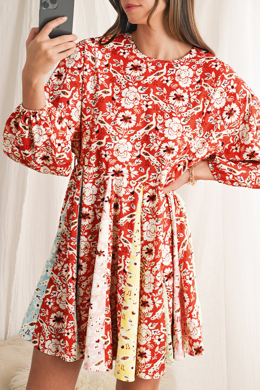 Floral Patchwork Long Sleeve Pleated Dress