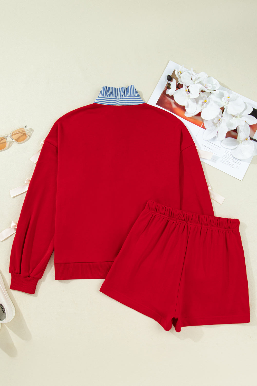 Striped Collar Knot Sleeve Sweatshirt and Shorts Set