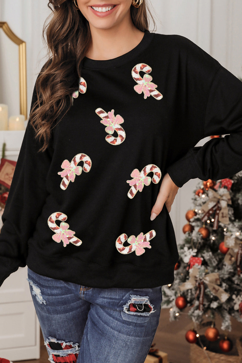 Black Christmas Candy Cane Sequins Sweatshirt