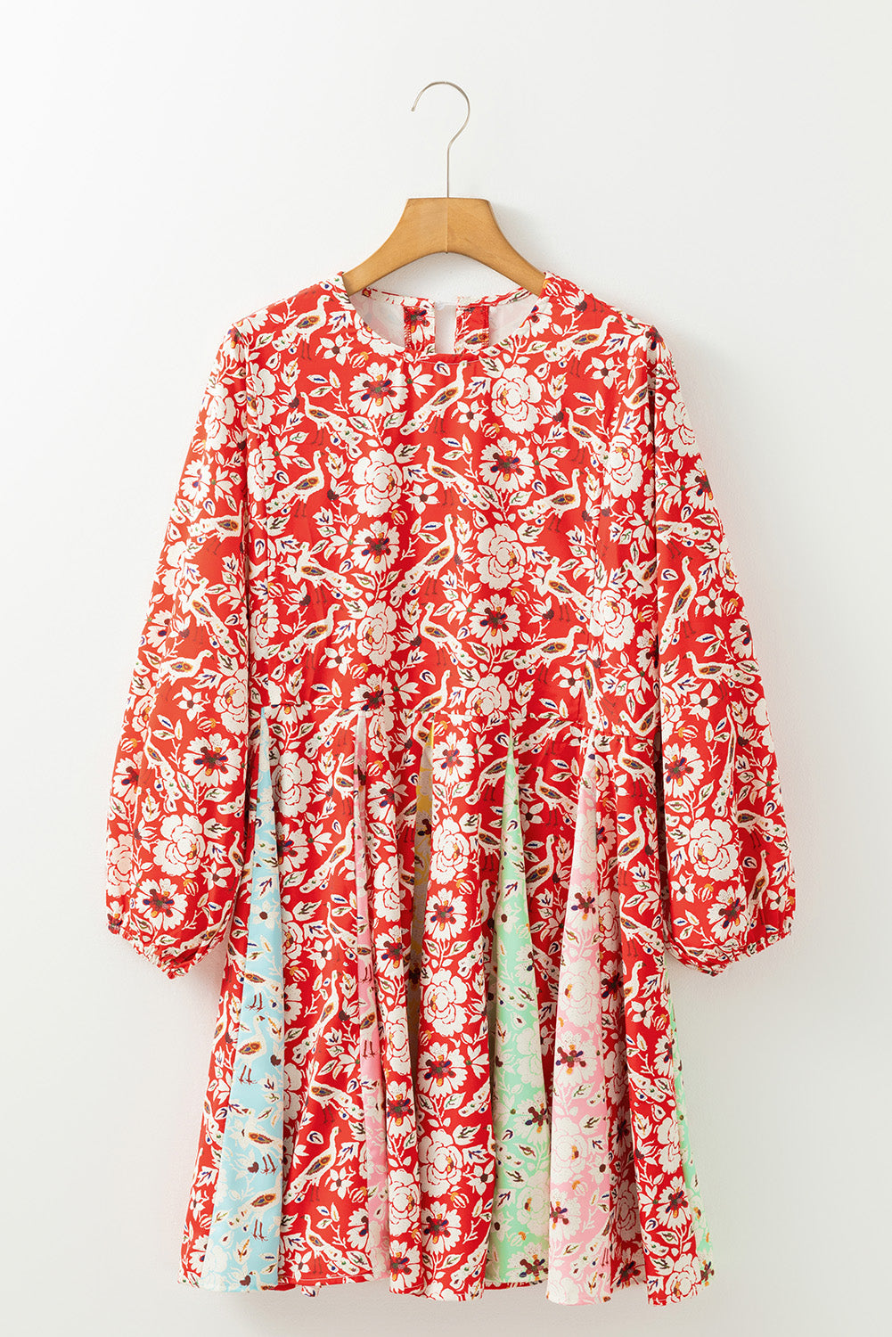 Floral Patchwork Long Sleeve Pleated Dress