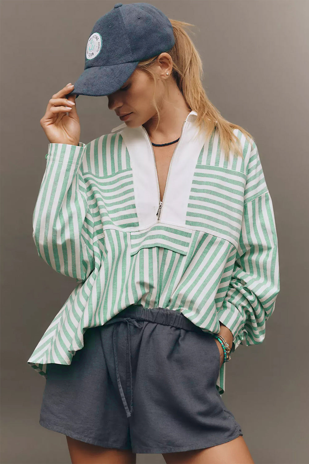 Green Striped Zipper Collar Top
