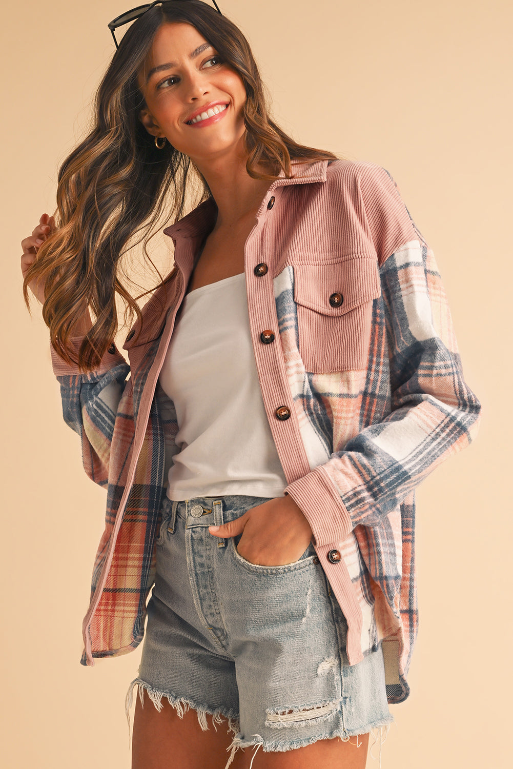 Plaid Corduroy Patchwork Pocket Loose Shacket