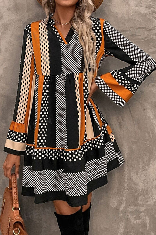 Black Striped Polka Dot Loose Mini Dress