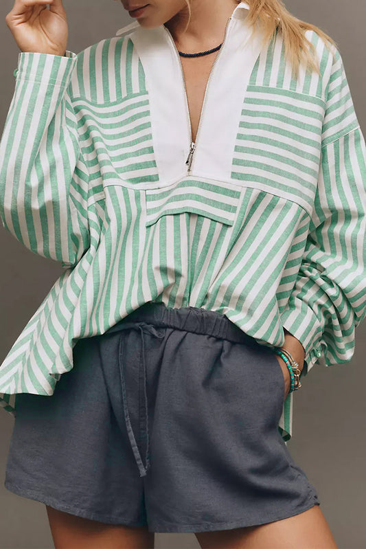 Green Striped Zipper Collar Top