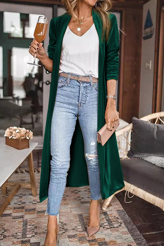 Velvet Elegant Pocket Open Front Long Cardigan