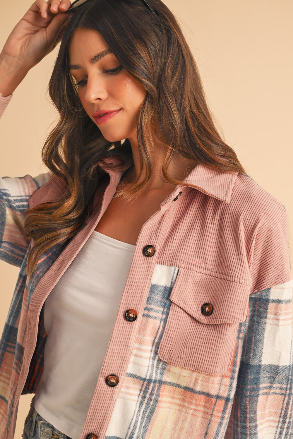 Plaid Corduroy Patchwork Pocket Loose Shacket