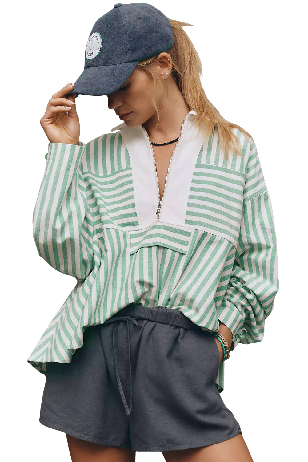 Green Striped Zipper Collar Top