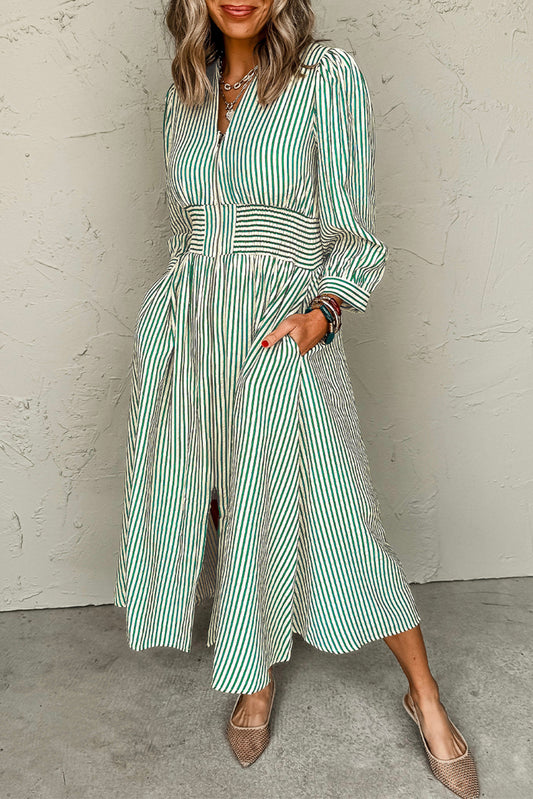 Green Striped Cinched High Waist Midi Dress