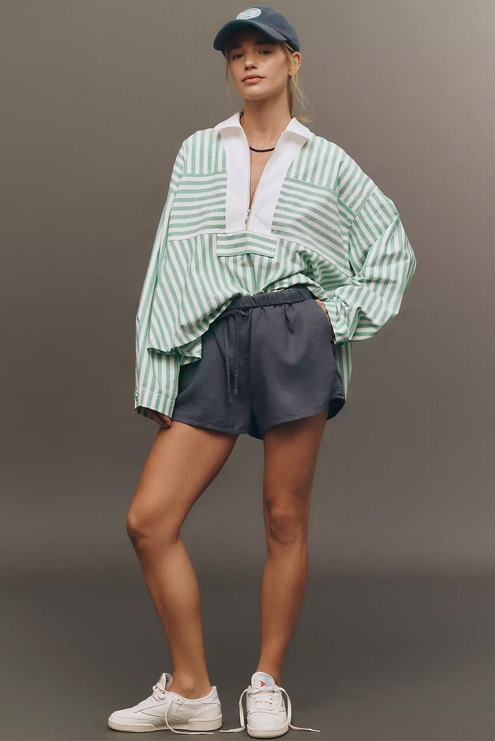 Green Striped Zipper Collar Top