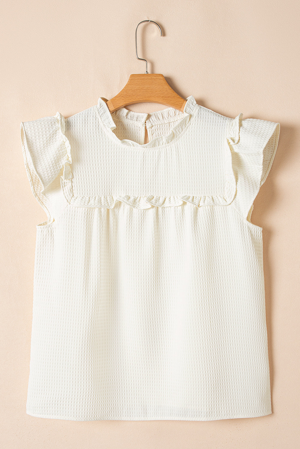 White Ruffle Trim Waffle Textured Blouse