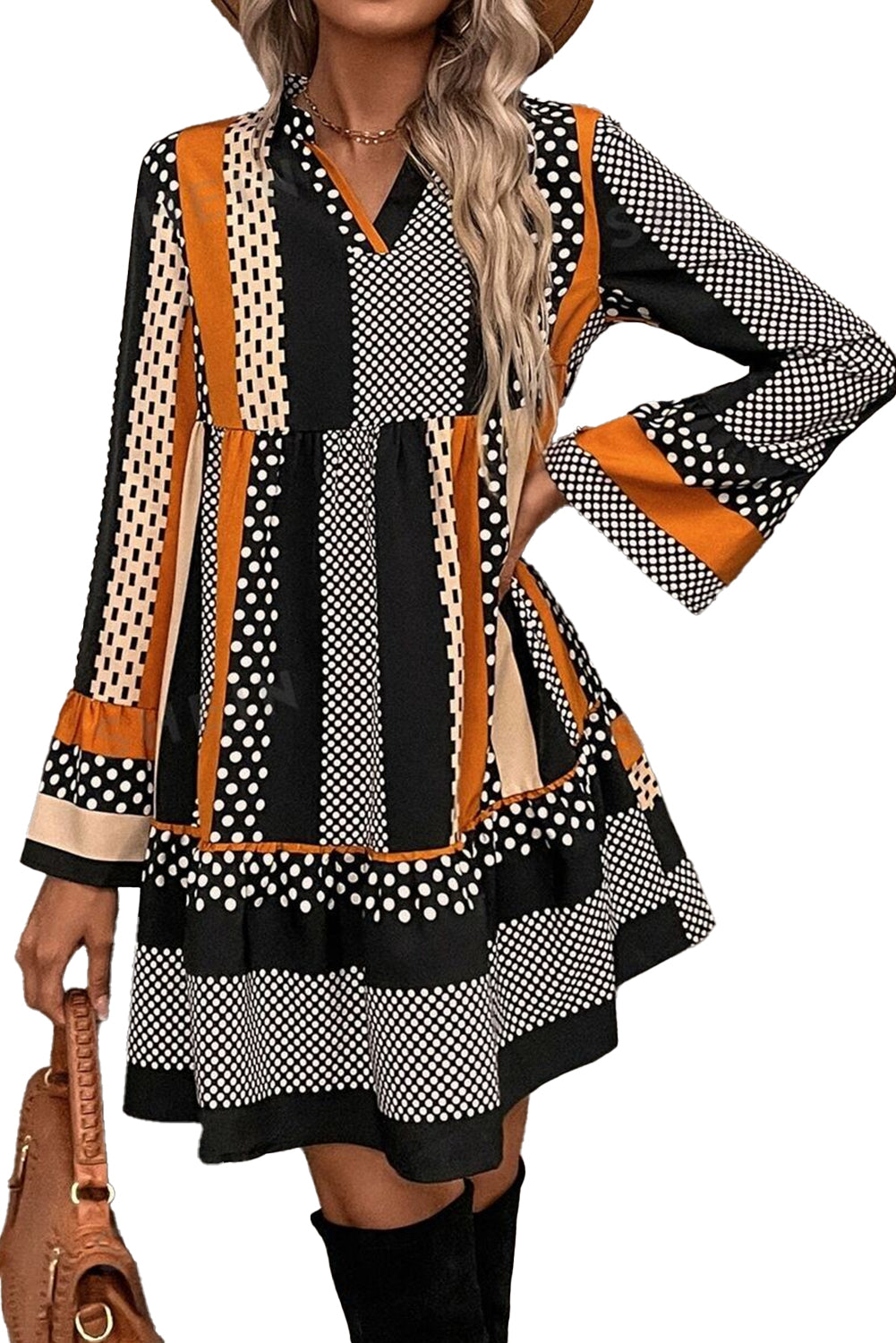 Black Striped Polka Dot Loose Mini Dress