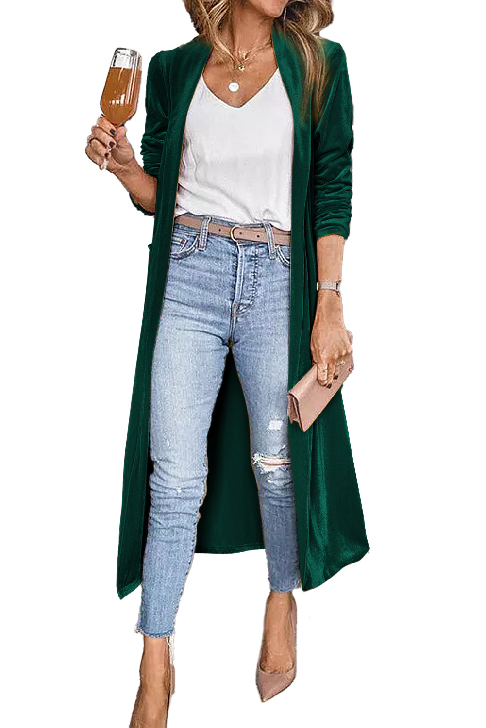 Velvet Elegant Pocket Open Front Long Cardigan